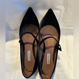 Tabitha Simmons black velvet mary jane flats with diamond-like closure.